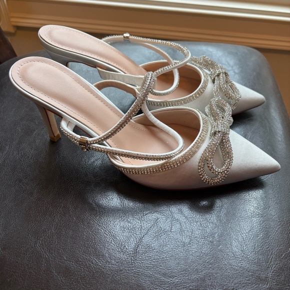Elegant White Satin Wedding Heels with Rhinestone Bow & Adjustable Ankle Strap! - Picture 3 of 9